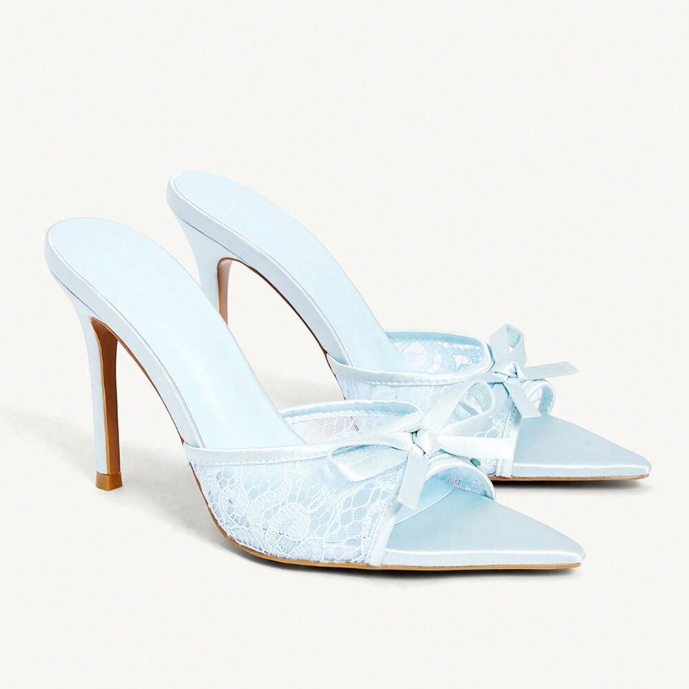 Blue Sexy Women's Satin Mesh Stitching Bow Pointed Stiletto Heels